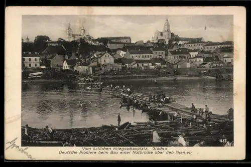 AK Grodno, Deutsche Pioniere beim Bau einer Notbrücke über den Njemen