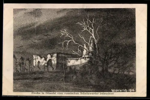 AK Blisniki, Kirche in Blisniki vom russischen Scheinwerfer beleuchtet