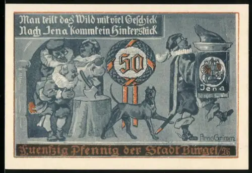 Notgeld Bürgel /Th. 1921, 50 Pfennig, Jagdszene und Töpferwaren mit Stadtwappen