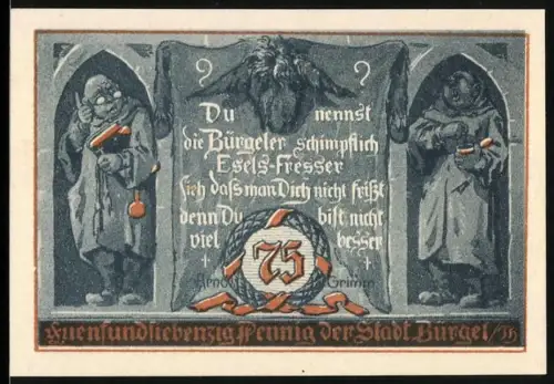 Notgeld Bürgel /Th. 1921, 75 Pfennig, Spruch mit Figuren und Stadtsiegel mit Reiter