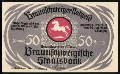 Notgeld Braunschweig 1921, 50 Pfennig, springendes Pferd und Marktplatz mit Brunnen und Figuren