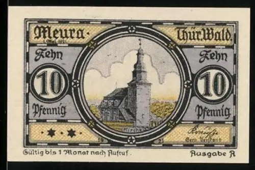 Notgeld Meura /Thür. Wald 1921, 10 Pfennig, Kirche und Landschaft mit Sonne und Blume im Wappen
