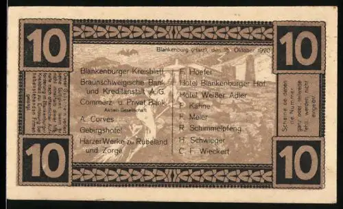 Notgeld Blankenburg a. Harz 1920, 10 Pfennig, Burgruine Regenstein und Bergmann mit Spitzhacke