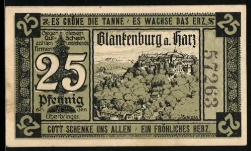 Notgeld Blankenburg a. Harz 1920, 25 Pfennig, Schloss und Landschaftsansicht