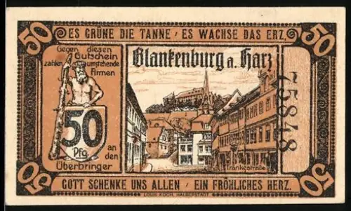 Notgeld Blankenburg a. Harz 1920, 50 Pfennig, Ortsansicht und Liste der Firmen