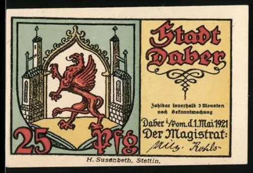 Notgeld Daber i. Pom. 1921, 25 Pfennig, Greif im Wappen und Ruine in Daber