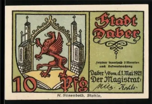 Notgeld Daber i. Pom. 1921, 10 Pfennig, Greif im Wappen und Frau mit pommerscher Landschaft im Hintergrund