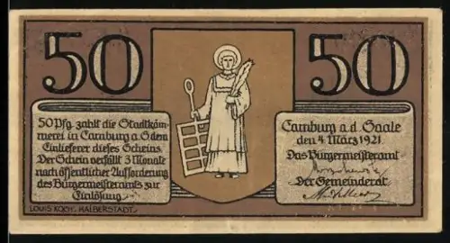 Notgeld Camburg a.d. Saale 1921, 50 Pfennig, Stadtsiegel und Ortsansicht