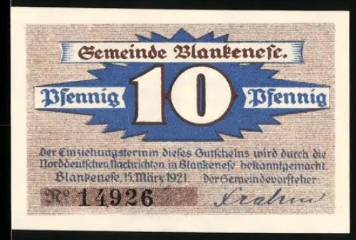 Notgeld Blankenese 1921, 10 Pfennig, Segelschiff auf hoher See