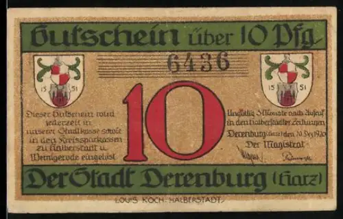 Notgeld Derenburg /Harz 1921, 10 Pfennig, Blick vom Eyrstein auf die Harzberge, Wappen von 1551