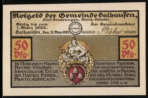 Notgeld Dalhausen /Beverungen 1921, 50 Pfennig, Wappen und Szenerie der Korbmöbel-Industrie