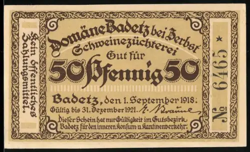 Notgeld Zerbst 1918, 50 Pfennig, Domäne Badetz, Schweinezuchtmotiv mit Schweinen und Ferkeln