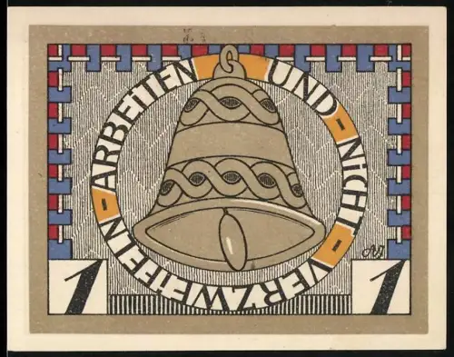 Notgeld Augustenburg 1920, 1 Mark, Glocke und Gebäude mit Turm, dänische Flaggen