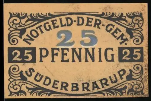 Notgeld Süderbrarup 1920, 25 Pfennig, florale Ornamente und Schriftzug in Schwarz auf Beige und Blau