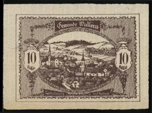 Notgeld Wallern 1920, 10 Heller, Landschaft mit Kirche und Ortsansicht