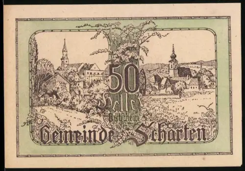 Notgeld Scharten 1920, 50 Heller, Landschaftsansicht mit Dörfern und Kirchen