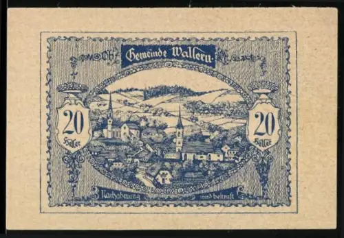Notgeld Wallern 1920, 20 Heller, Ortsansicht mit Kirchen und Landschaft