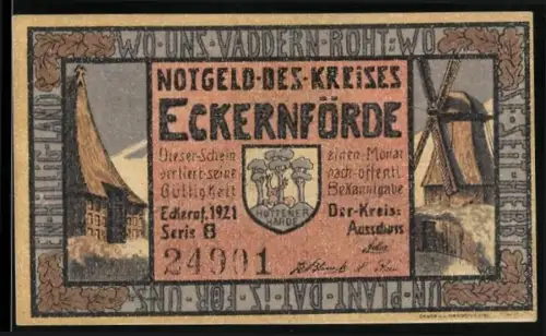 Notgeld Eckernförde 1921, 50 Pfennig, Windmühle und Hünengrab mit Eichenlaubrand