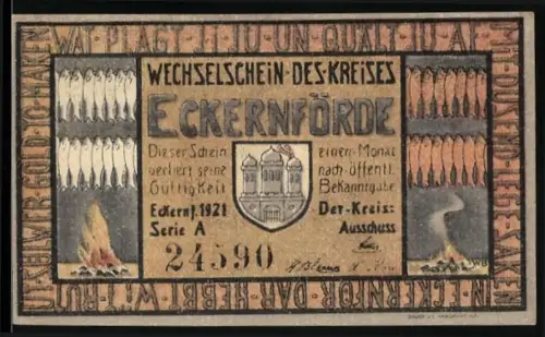 Notgeld Eckernförde 1921, 50 Pfennig, Heringe und Segelschiff, Wappen von Eckernförde