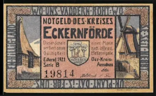 Notgeld Eckernförde 1921, 50 Pfennig, Wirtschaftshaus und Windmühle, Steingrab im Feld