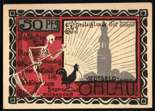 Notgeld Ohlau, 50 Pfennig, Skelett mit Hahn und Turm, historische Figur in rotem Kreis