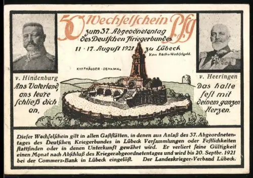 Notgeld Lübeck 1921, 50 Pfennig, Kyffhäuser-Denkmal und Krieger-Erholungsheim Behlendorf