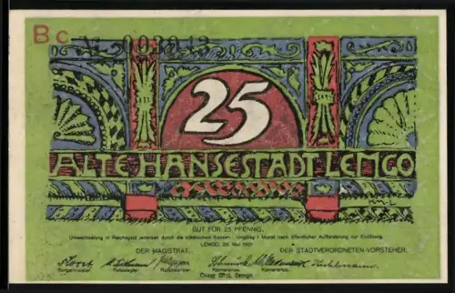 Notgeld Lemgo 1921, 25 Pfennig, Ornamentik und Stadtsilhouette