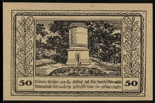 Notgeld Stadt Canth, 50 Pfennig, Gedenkstein im stillen Hain und Stadtwappen