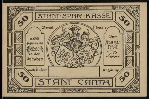 Notgeld Canth, 50 Pfennig, Wappen und Gedenkmonument 1914-1918