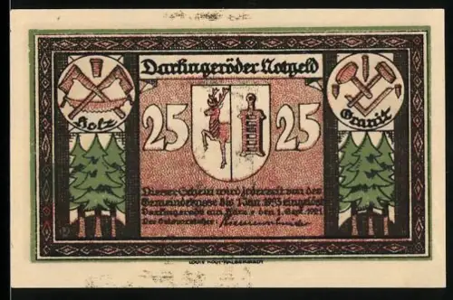 Notgeld Darlingerode 1921, 25 Pfennig, Landschaftsansicht mit Ort, Embleme für Forstwirtschaft und Bergbau