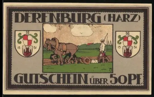 Notgeld Derenburg /Harz 1920, 50 Pfennig, Pflügender Bauer und Wappen mit Rüben und Gemüse