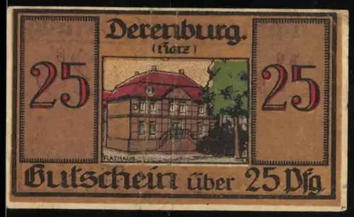 Notgeld Derenburg /Harz 1920, 25 Pfennig, Rathaus und Wappen von Derenburg