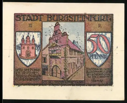Notgeld Burgsteinfurt 1921, 50 Pfennig, Ortsansicht mit Gebäude und Wappen, Landschaftsszene