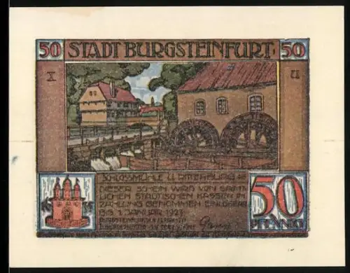 Notgeld Burgsteinfurt 1921, 50 Pfennig, Schlossmühle und Situationsplan mit Karte