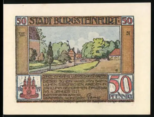 Notgeld Burgsteinfurt 1921, 50 Pfennig, Ortsansicht und Sitzung mit Herrenrunde, Eisenbahn-Galopp