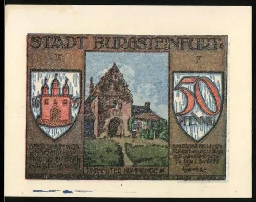 Notgeld Burgsteinfurt 1921, 50 Pfennig, Stadttor und Kaufleute im Bürgermeisteramt