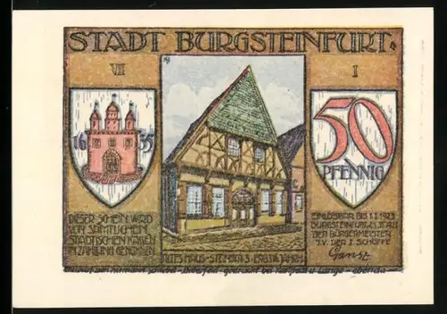 Notgeld Burgsteinfurt 1921, 50 Pfennig, Fachwerkhaus und Fackelzug, Wappen mit Burg