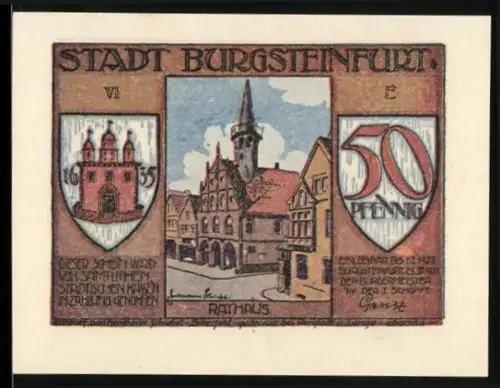 Notgeld Burgsteinfurt 1921, 50 Pfennig, Rathaus und Rückkehr der Königsdeputation von Paderborn