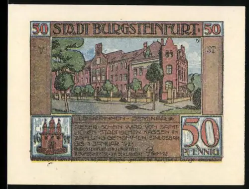 Notgeld Burgsteinfurt 1921, 50 Pfennig, Lehrerseminar und nicht vorgelassene Deputation