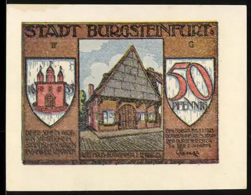 Notgeld Burgsteinfurt 1921, 50 Pfennig, Fachwerkhaus, Steinfurter Jubel am 1.8.1853