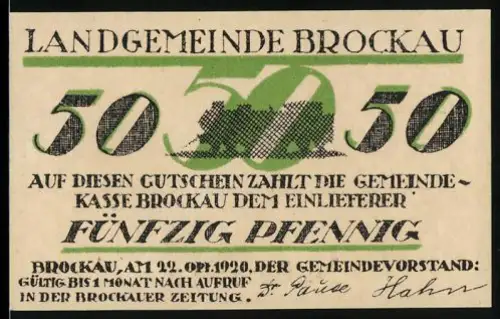 Notgeld Brockau 1920, 50 Pfennig, Flügelrad vor der Zahl 50