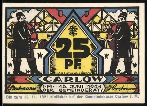 Notgeld Carlow i. M. 1921, 25 Pfennig, Fachwerkhäuser, Kriegerehrenmal