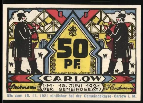 Notgeld Carlow i. M. 1921, 50 Pfennig, Musikanten und Wappen mit Bär