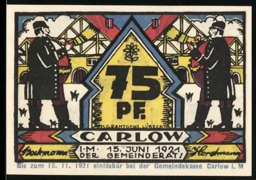 Notgeld Carlow 1921, 75 Pfennig, Fachwerkhäuser und Kirche mit Sonnenstrahlen