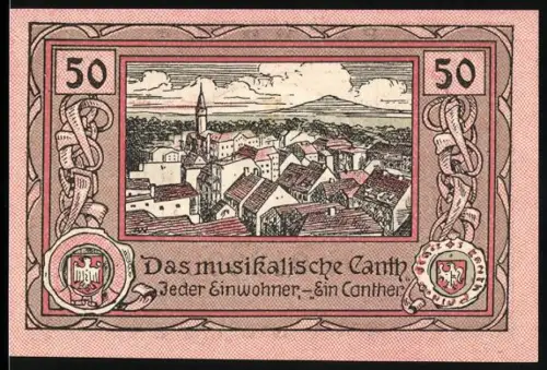 Notgeld Canth, 50 Pfennig, Ortsansicht und Wappen im dekorativen Rahmen