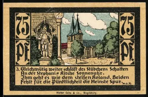 Notgeld Calbe a. d. S., 75 Pfennig, Roland-Statue und Kirche