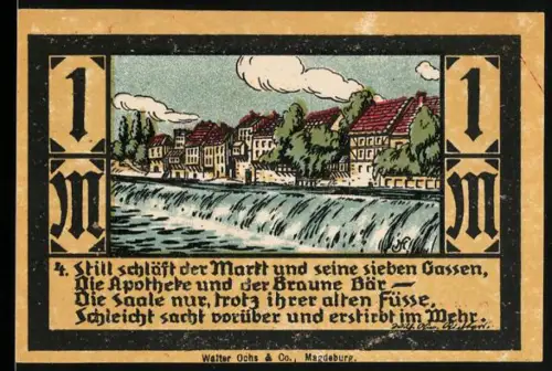 Notgeld Calbe a. d. S., 1 Mark, Ortsansicht, Fluss mit Wehr