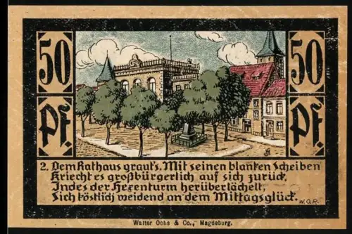 Notgeld Calbe a. d. S., 50 Pfennig, Rathaus und Stadtmotiv