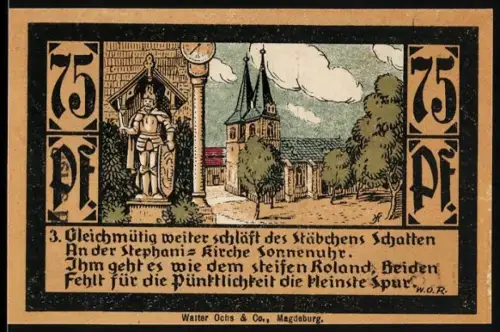 Notgeld Calbe a. d. S. 1923, 75 Pfennig, Roland-Statue und Stephanikirche im Hintergrund
