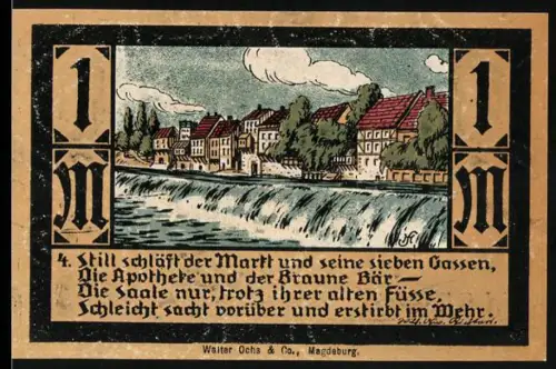 Notgeld Calbe a. d. S., 1 Mark, Ortsansicht an der Saale und Textpassage